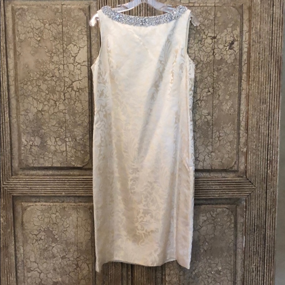 Cream damask print dress with jeweled neck
